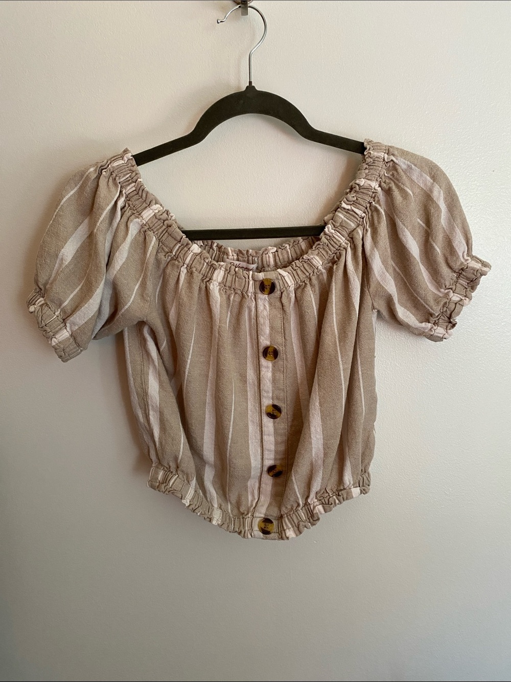 Revamped Beige & White Striped Off-Shoulder Crop Top. Linen/Rayon Blend. Size S
